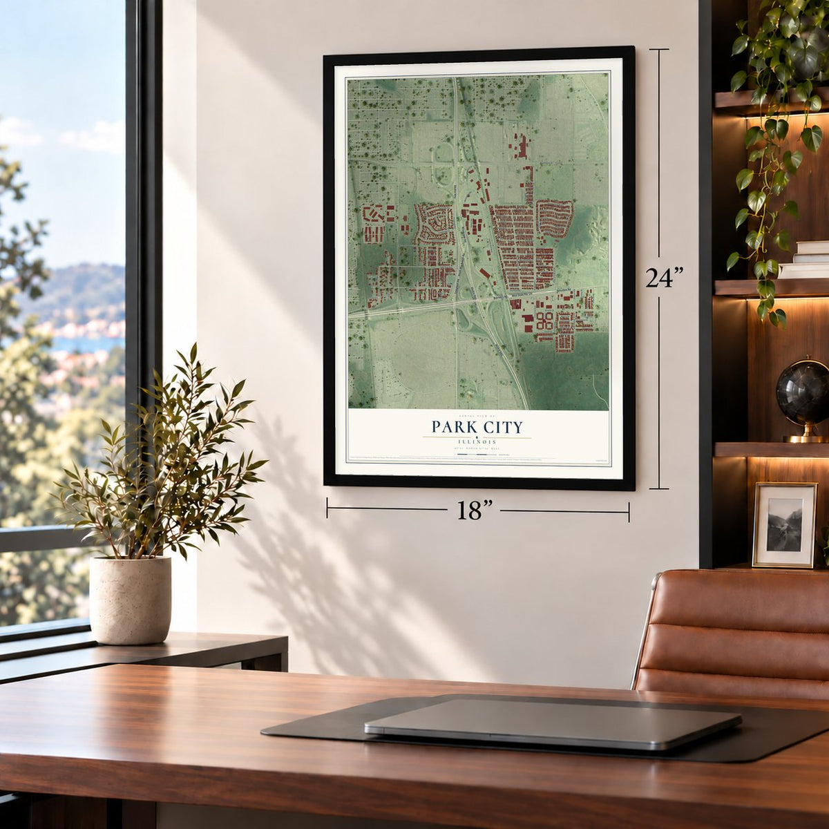 Park City, Illinois map, 18 x 24 inch print in a black frame in a home office