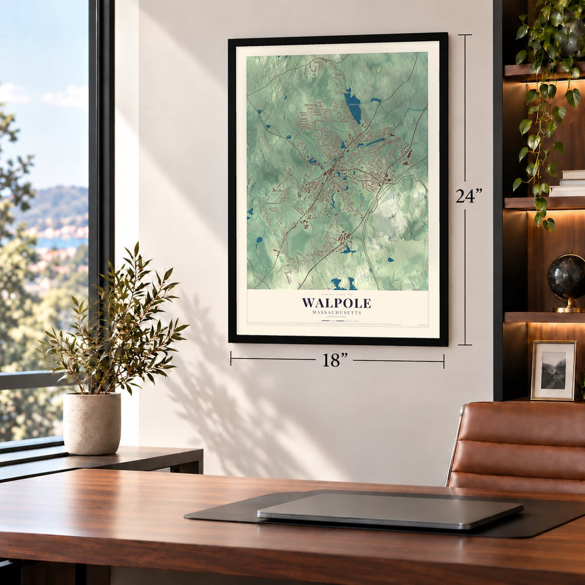 Walpole, Massachusetts map, 18 x 24 inch print in a black frame in a home office