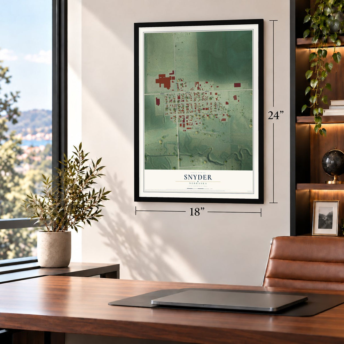 Snyder, Nebraska map, 18 x 24 inch print in a black frame in a home office