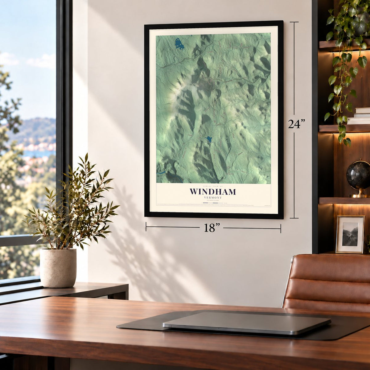 Windham, Vermont map, 18 x 24 inch print in a black frame in a home office