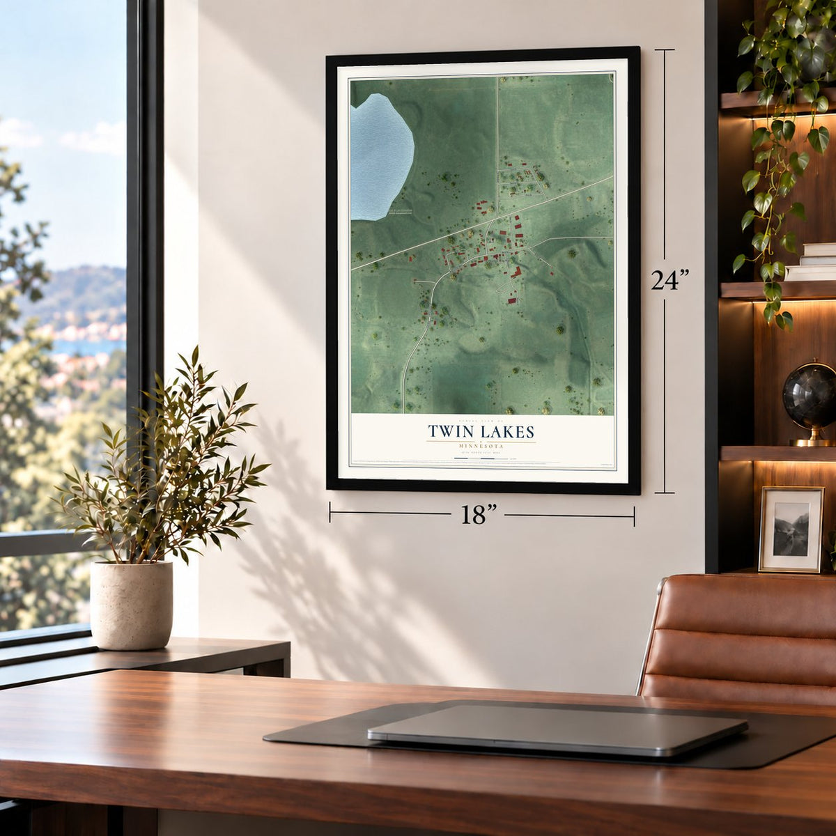 Twin Lakes, Minnesota map, 18 x 24 inch print in a black frame in a home office