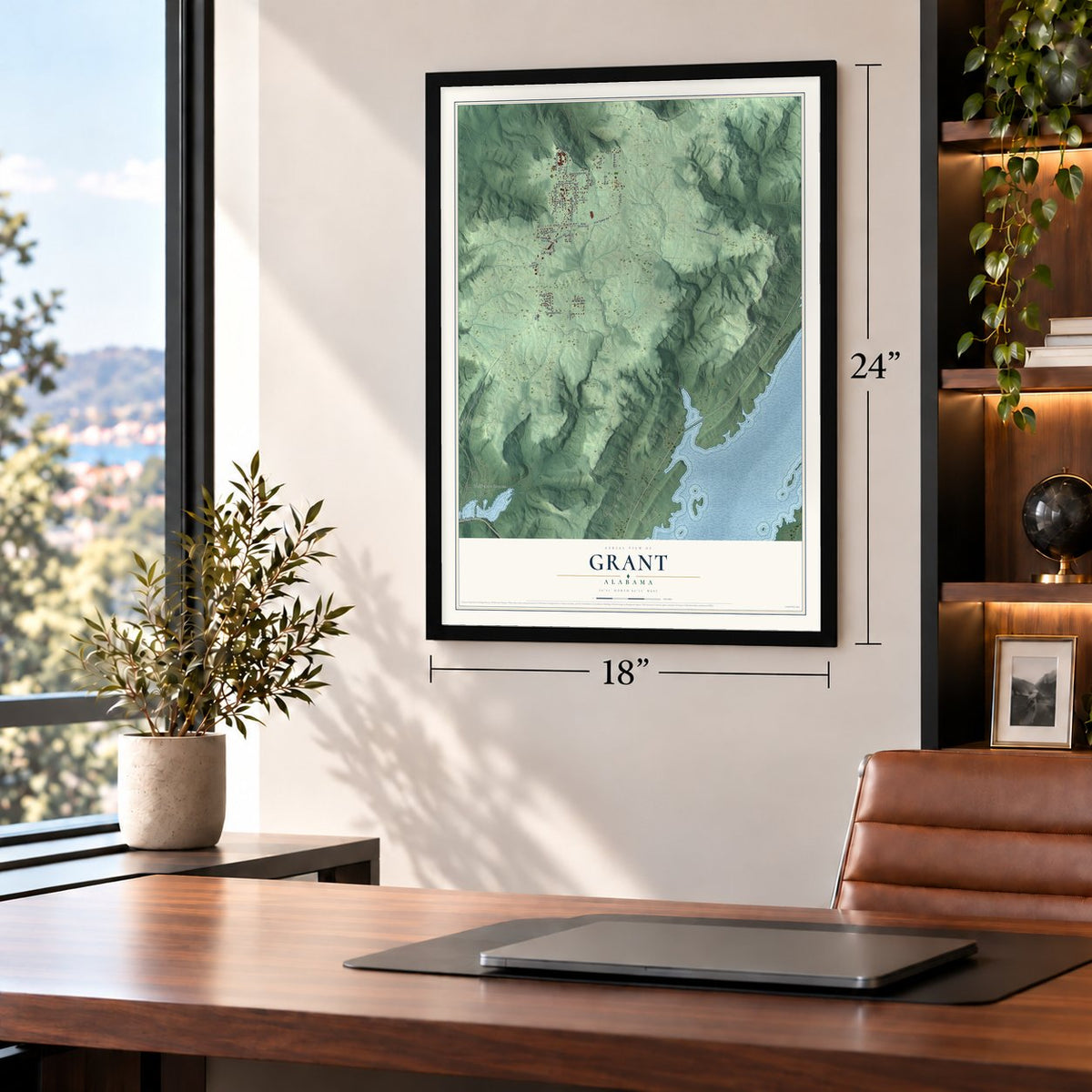 Grant, Alabama map, 18 x 24 inch print in a black frame in a home office