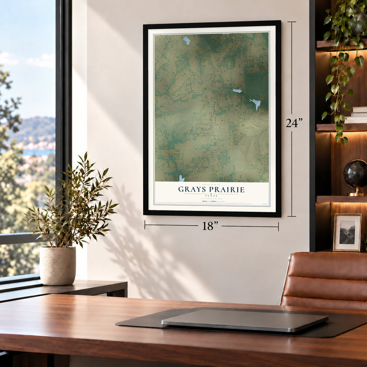 Grays Prairie, Texas map, 18 x 24 inch print in a black frame in a home office