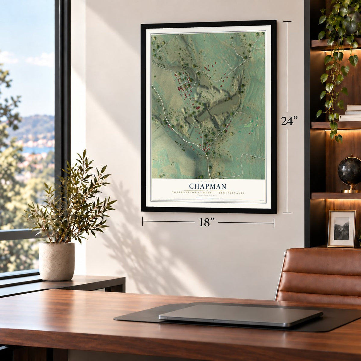 Chapman, Northampton County, Pennsylvania map, 18 x 24 inch print in a black frame in a home office