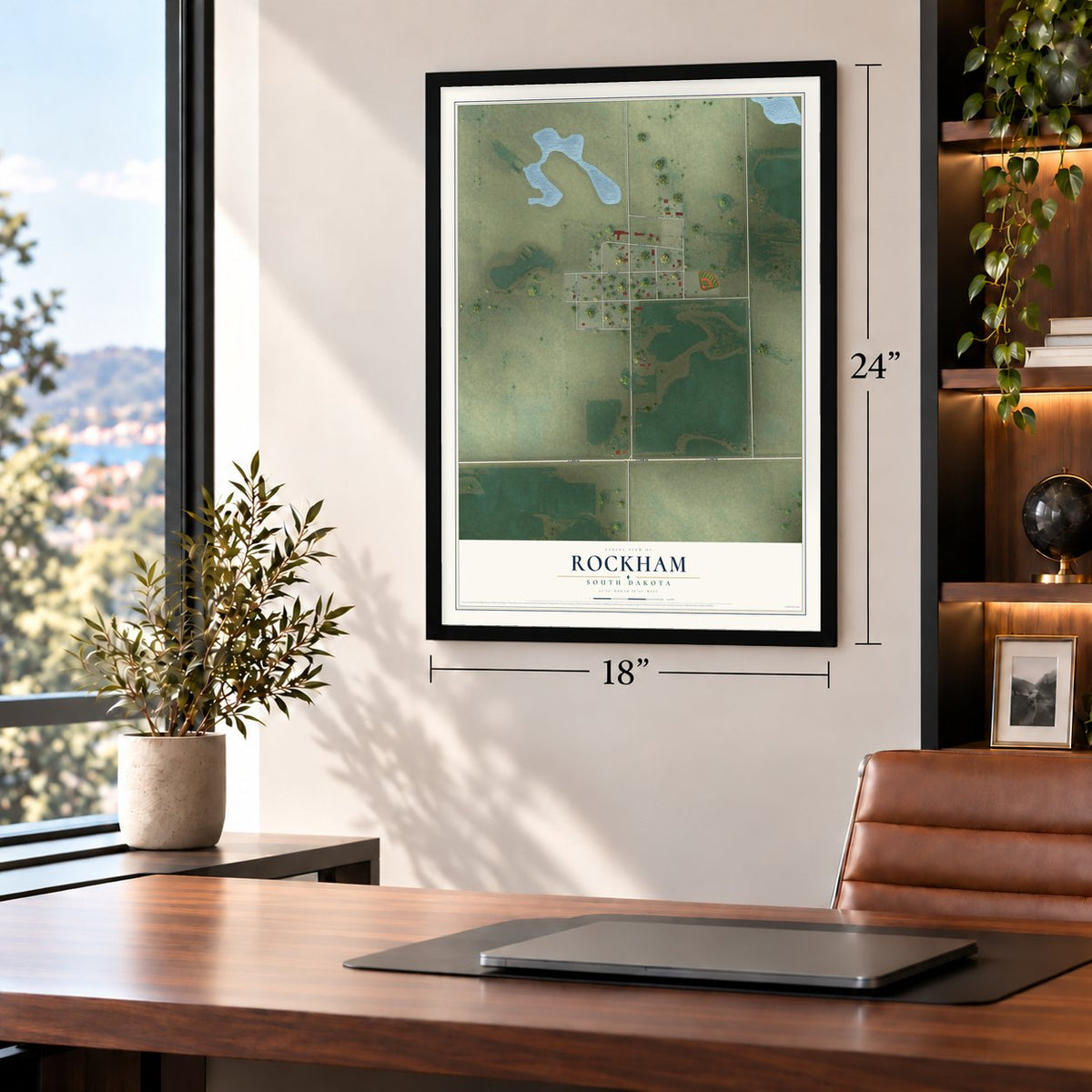 Rockham, South Dakota map, 18 x 24 inch print in a black frame in a home office