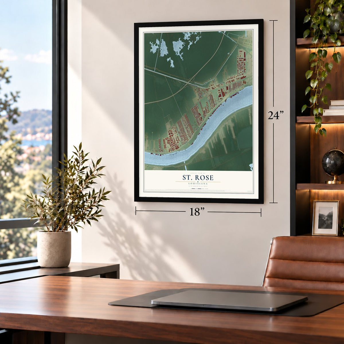St. Rose, Louisiana map, 18 x 24 inch print in a black frame in a home office