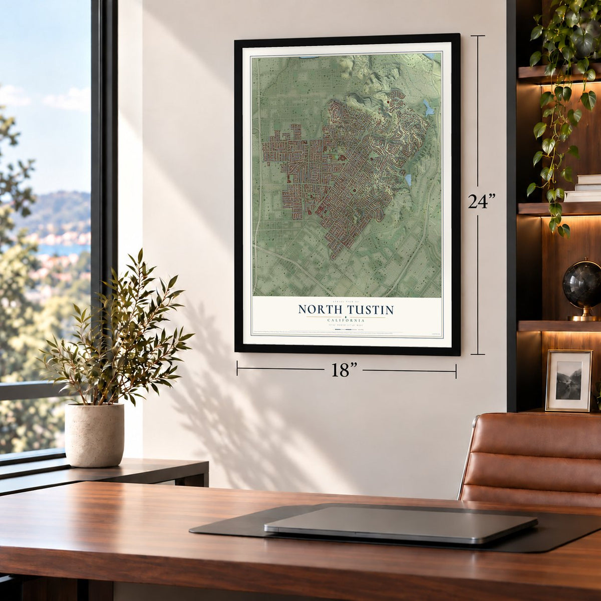 North Tustin, California map, 18 x 24 inch print in a black frame in a home office