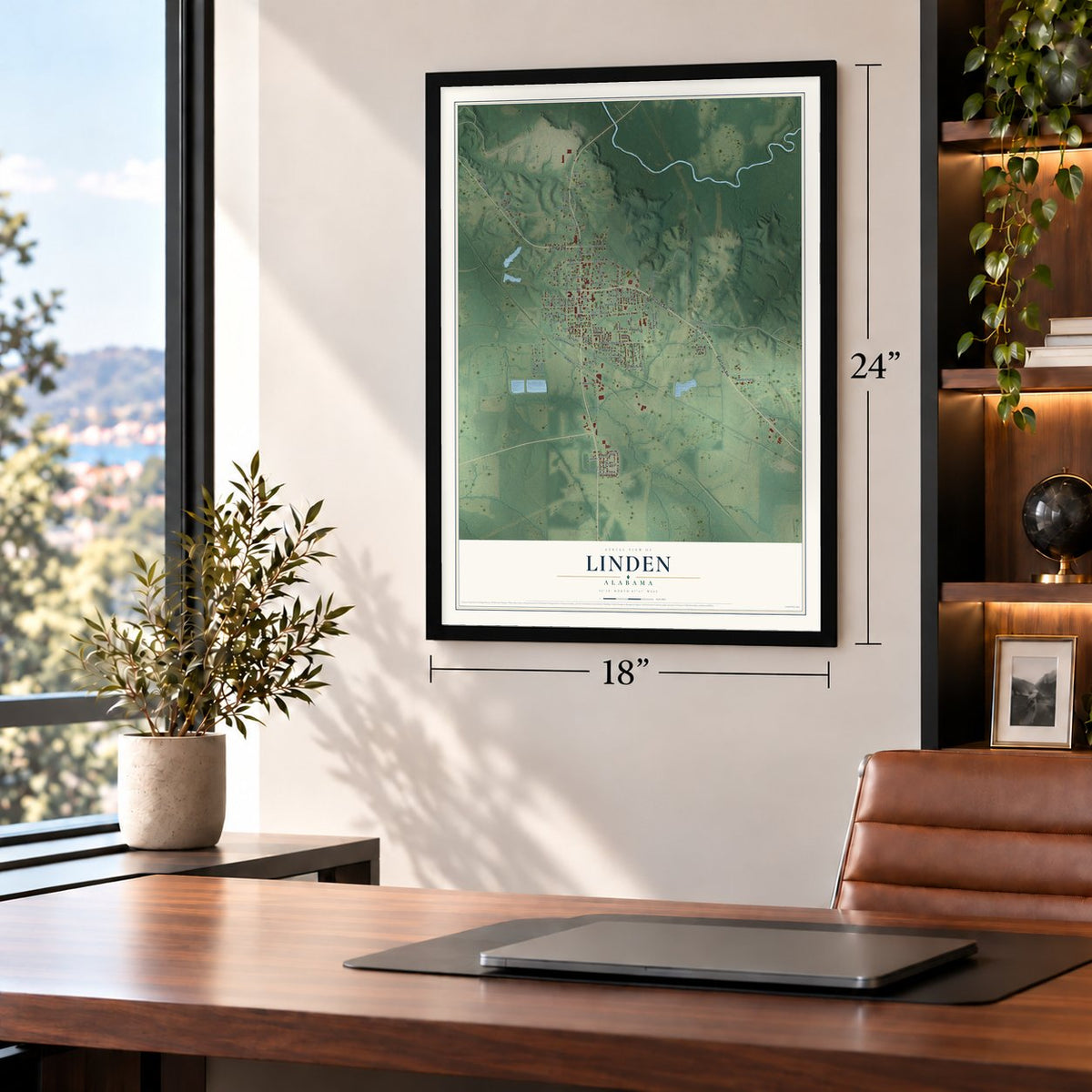 Linden, Alabama map, 18 x 24 inch print in a black frame in a home office