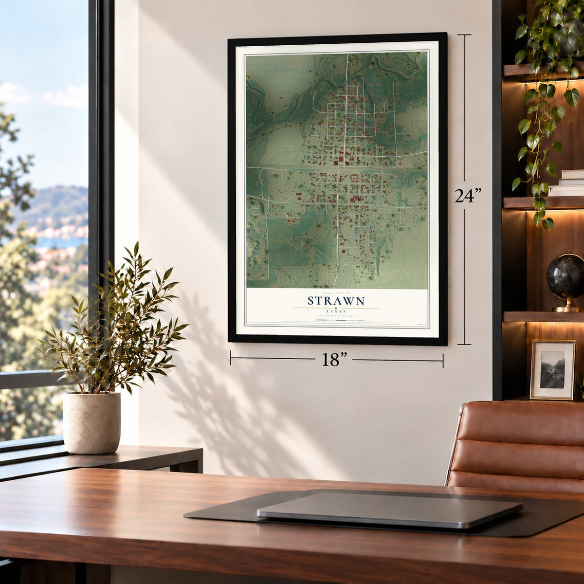 Strawn, Texas map, 18 x 24 inch print in a black frame in a home office