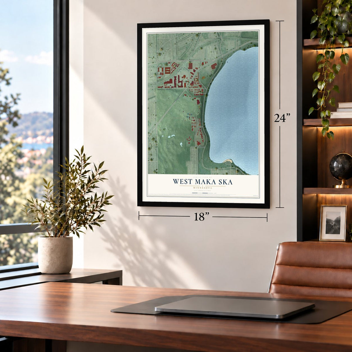 West Maka Ska, Minnesota map, 18 x 24 inch print in a black frame in a home office