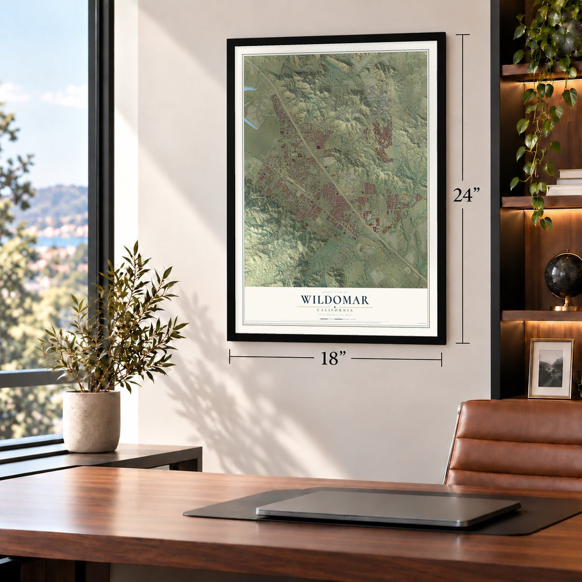 Wildomar, California map, 18 x 24 inch print in a black frame in a home office