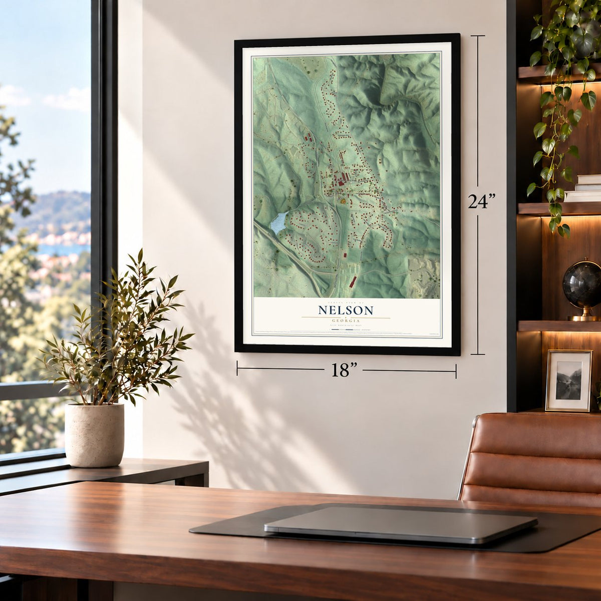 Nelson, Georgia map, 18 x 24 inch print in a black frame in a home office