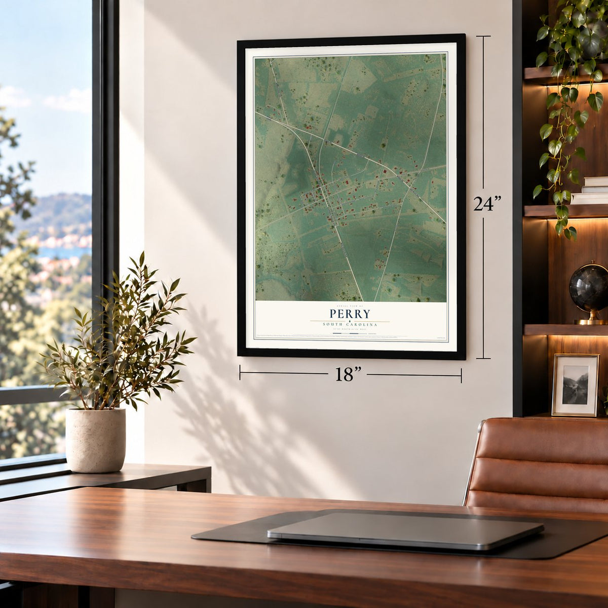 Perry, South Carolina map, 18 x 24 inch print in a black frame in a home office