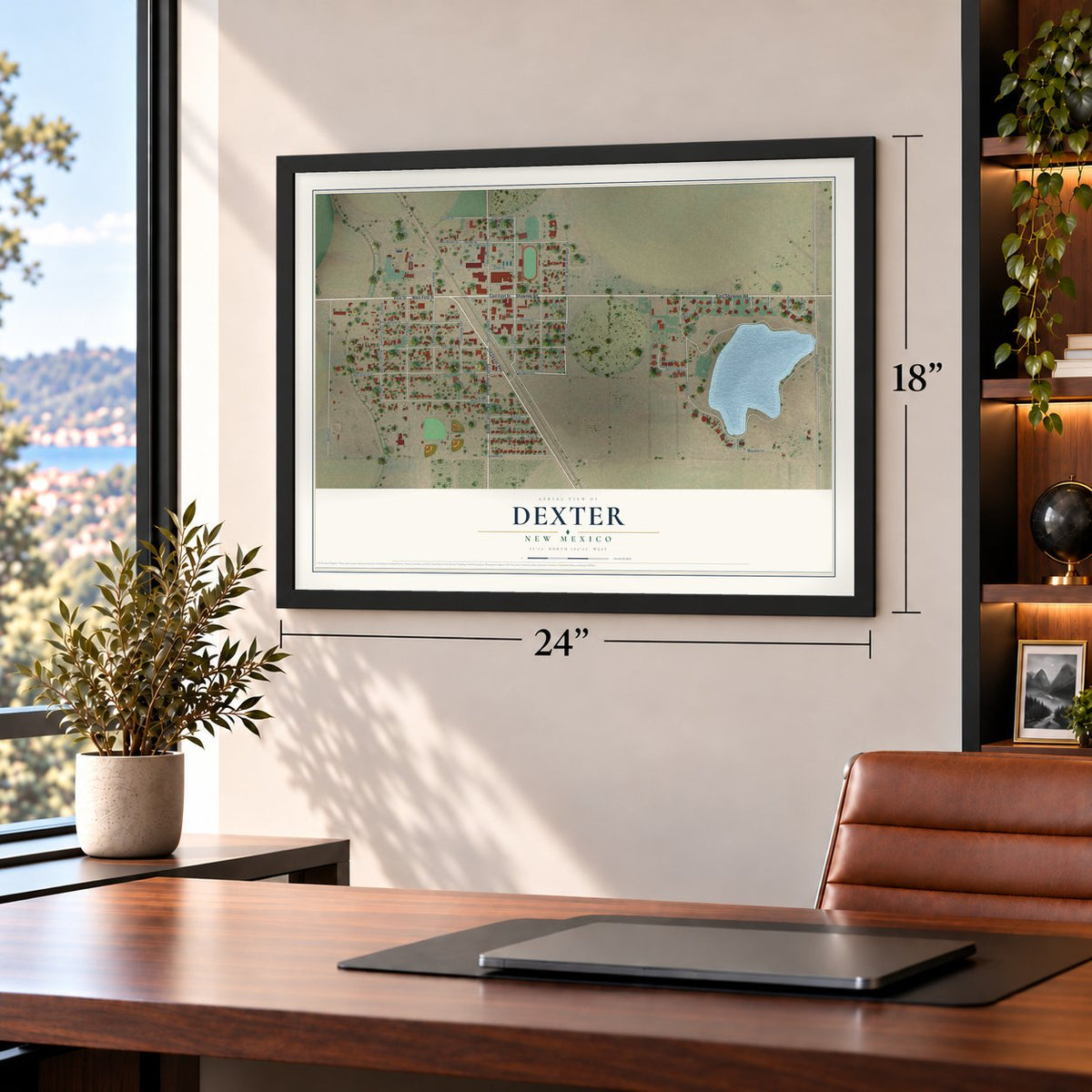 Dexter, New Mexico map, 18 x 24 inch print in a black frame in a home office