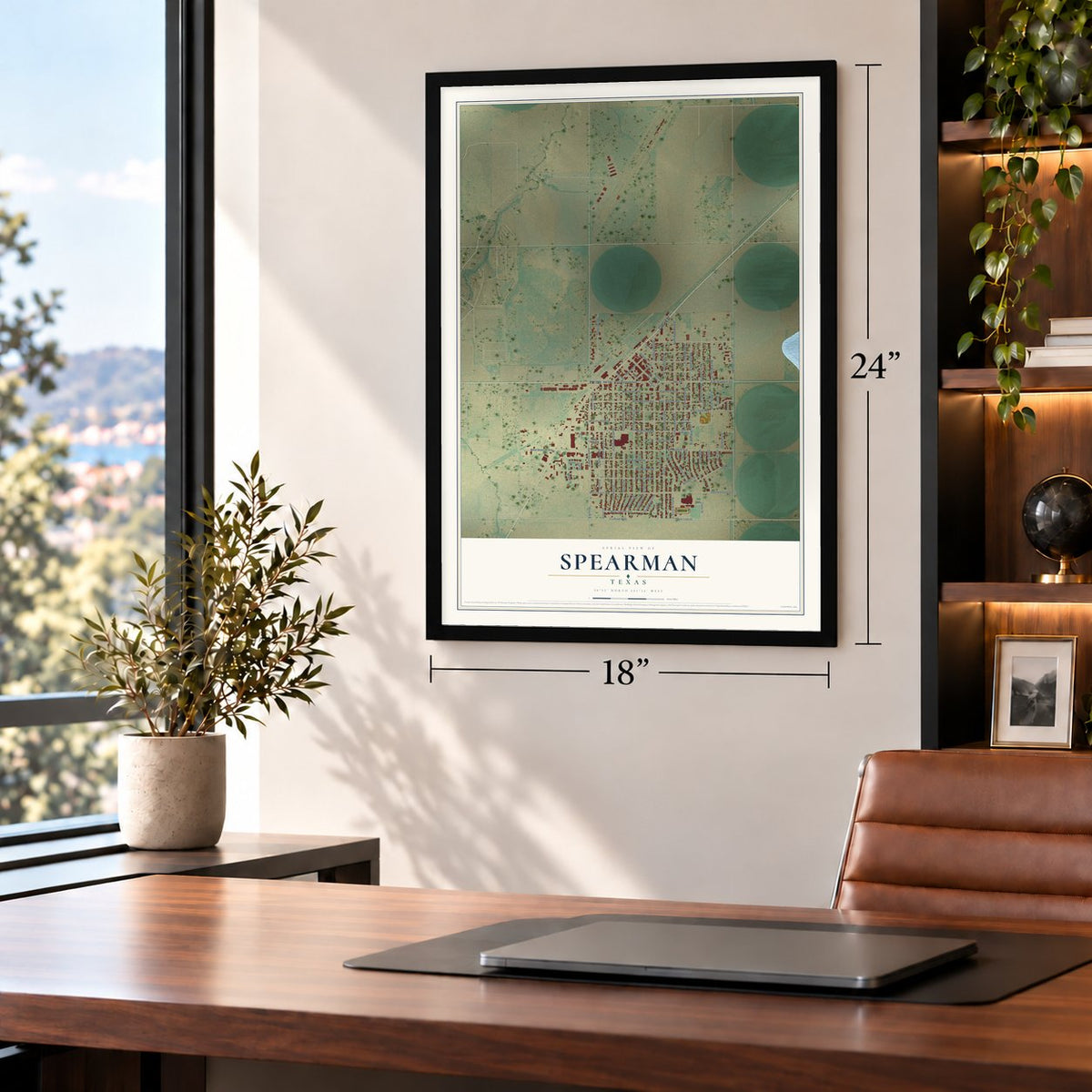 Spearman, Texas map, 18 x 24 inch print in a black frame in a home office