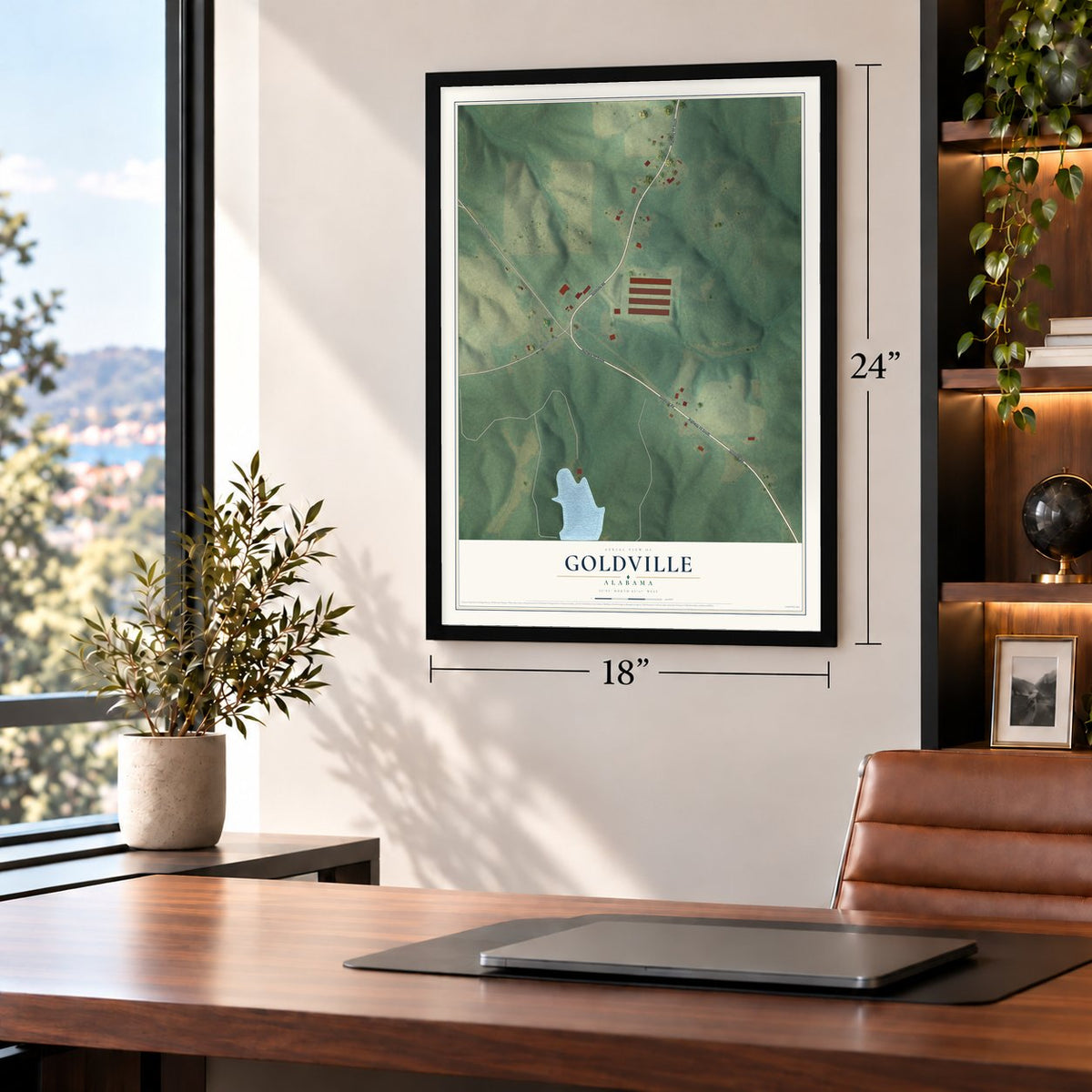 Goldville, Alabama map, 18 x 24 inch print in a black frame in a home office