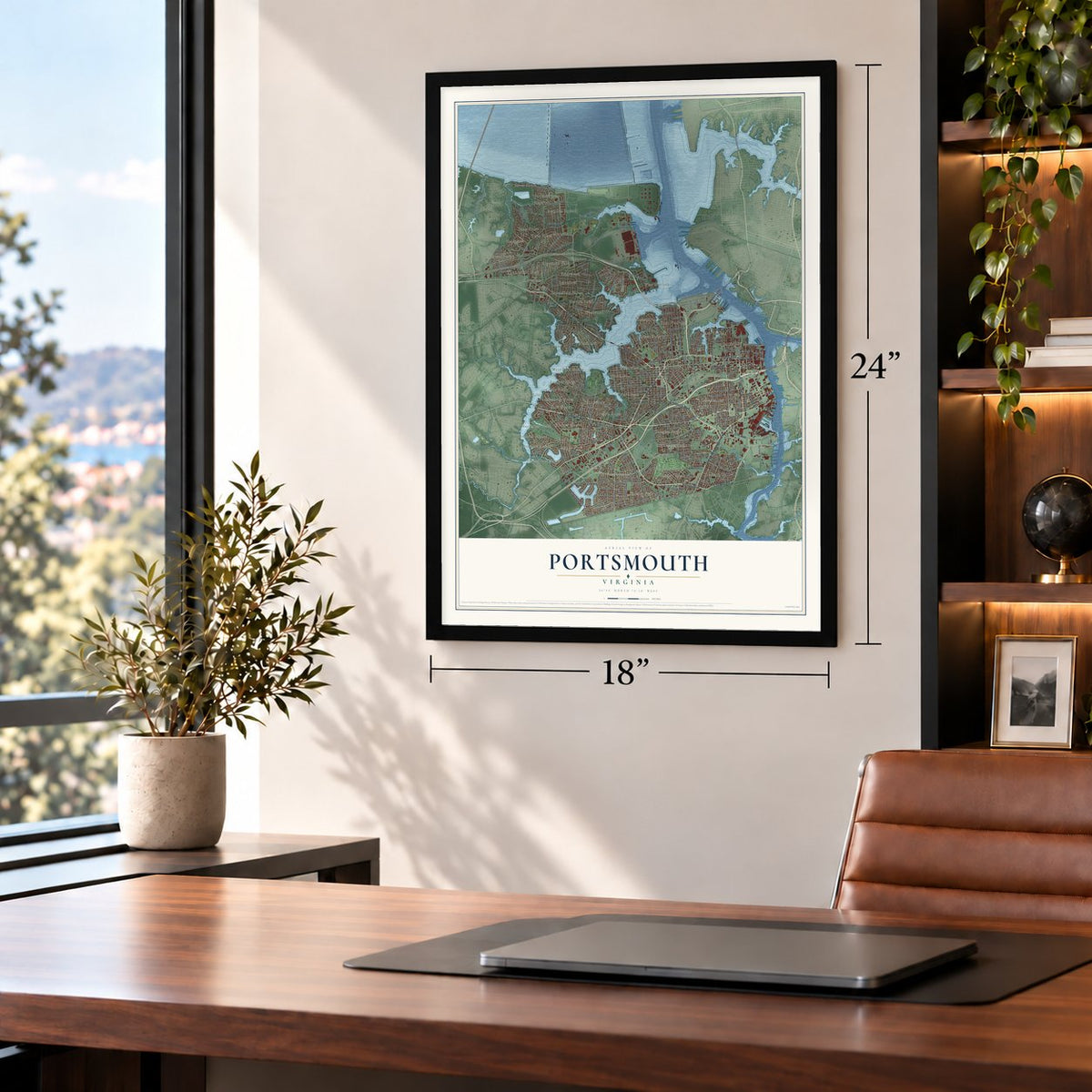 Portsmouth, Virginia map, 18 x 24 inch print in a black frame in a home office