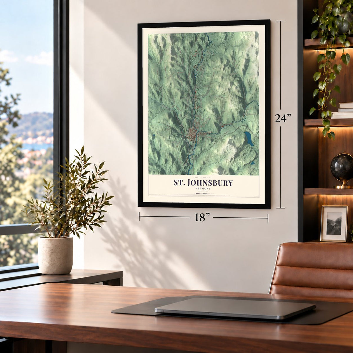 St. Johnsbury, Vermont map, 18 x 24 inch print in a black frame in a home office