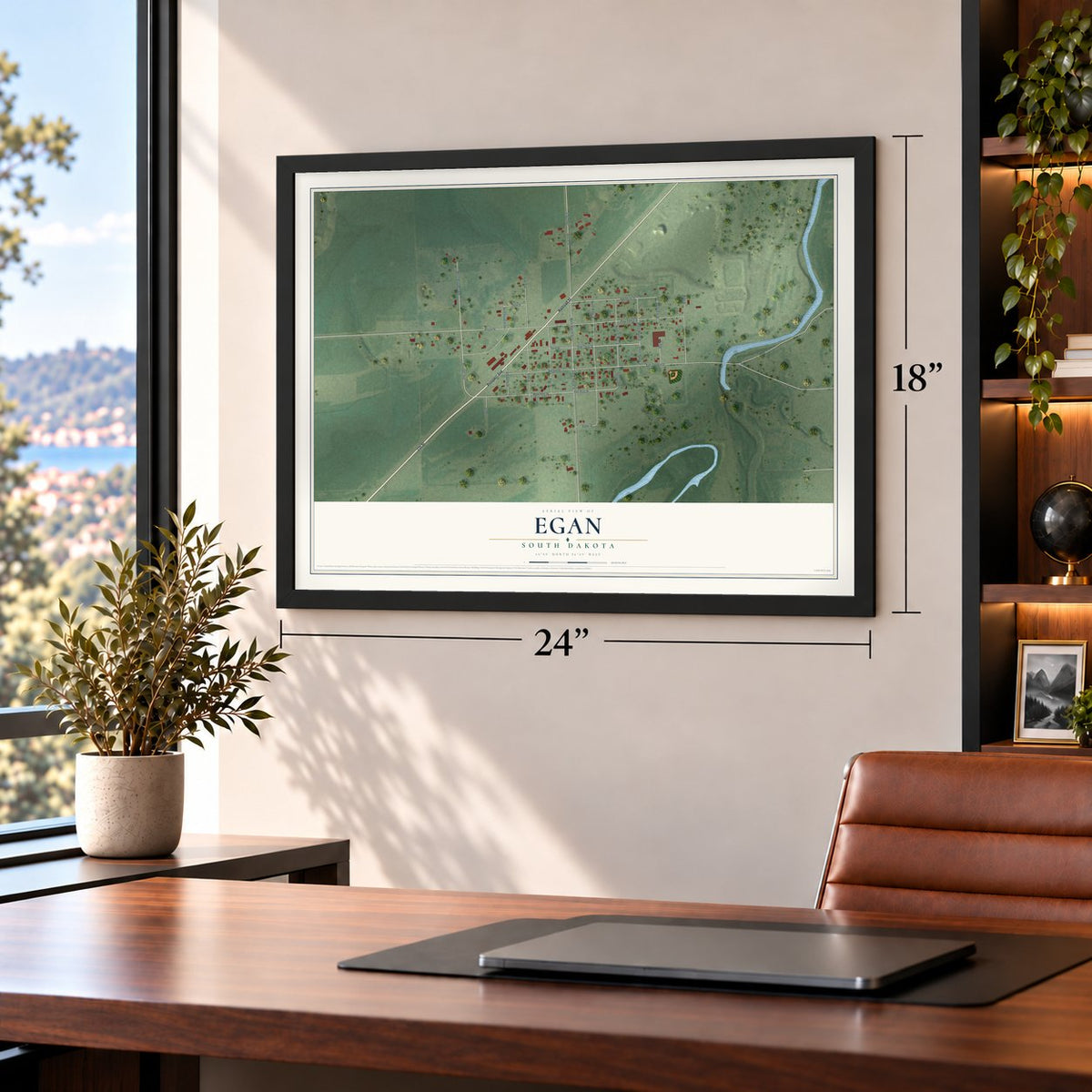 Egan, South Dakota map, 18 x 24 inch print in a black frame in a home office