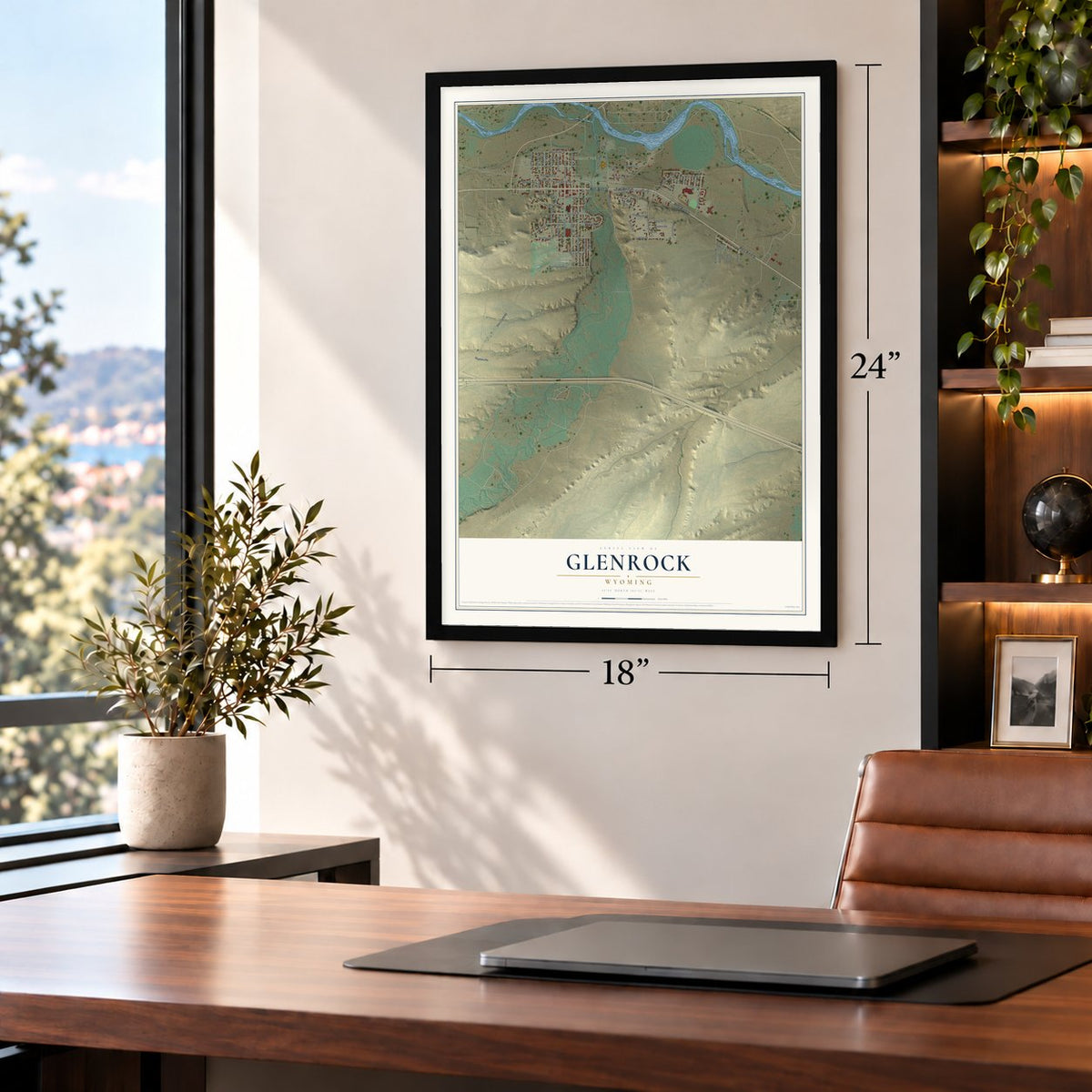 Glenrock, Wyoming map, 18 x 24 inch print in a black frame in a home office