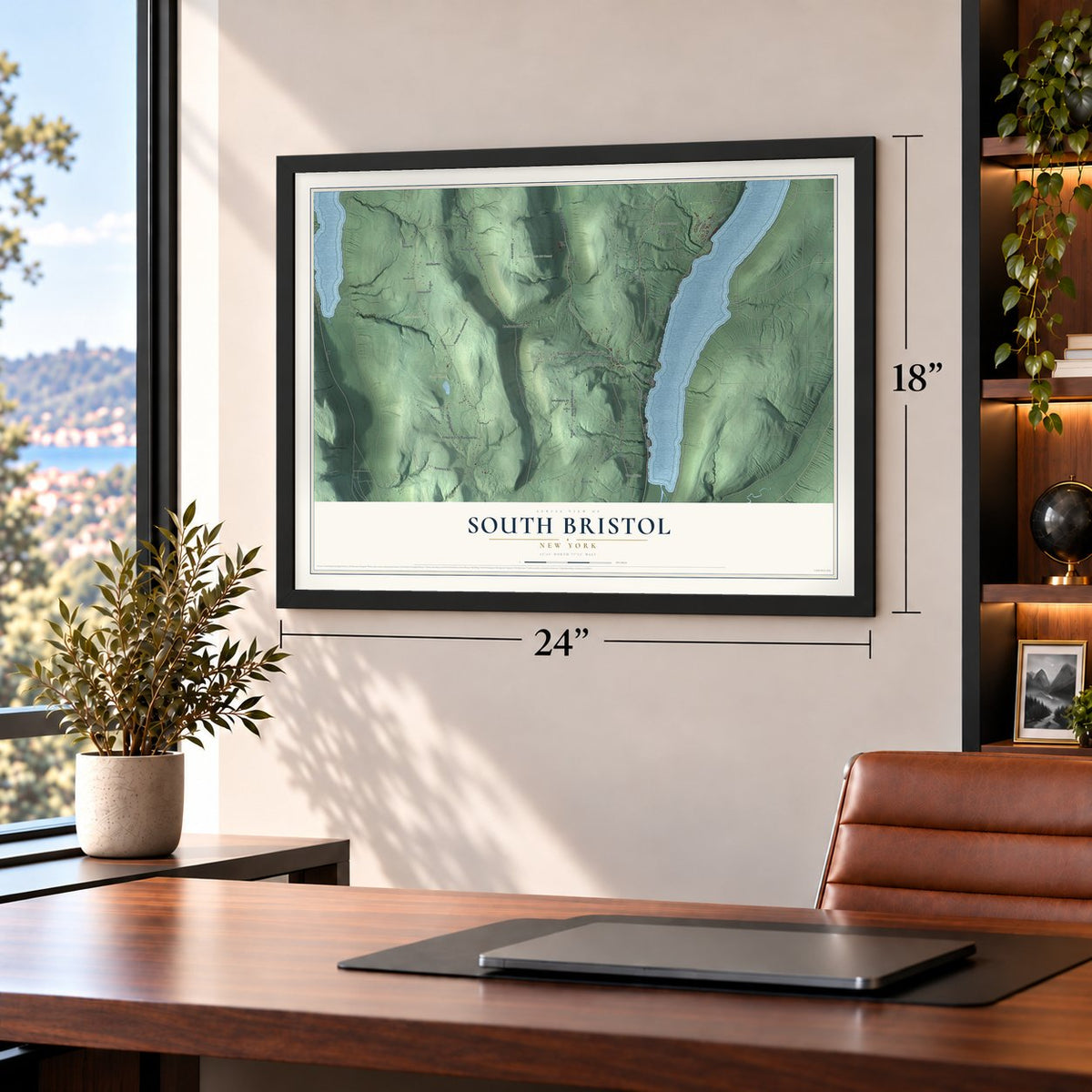 South Bristol, New York map, 18 x 24 inch print in a black frame in a home office