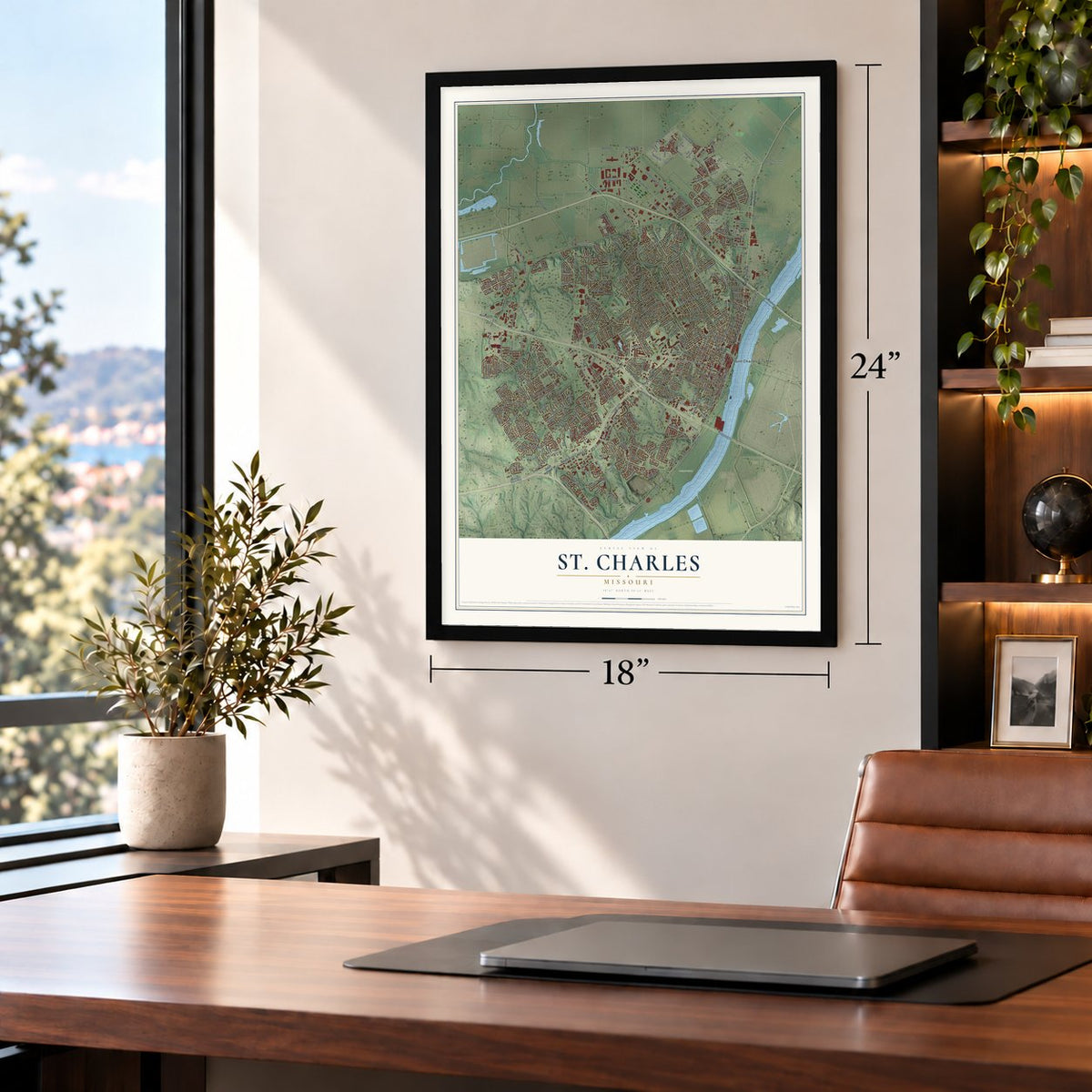 St. Charles, Missouri map, 18 x 24 inch print in a black frame in a home office