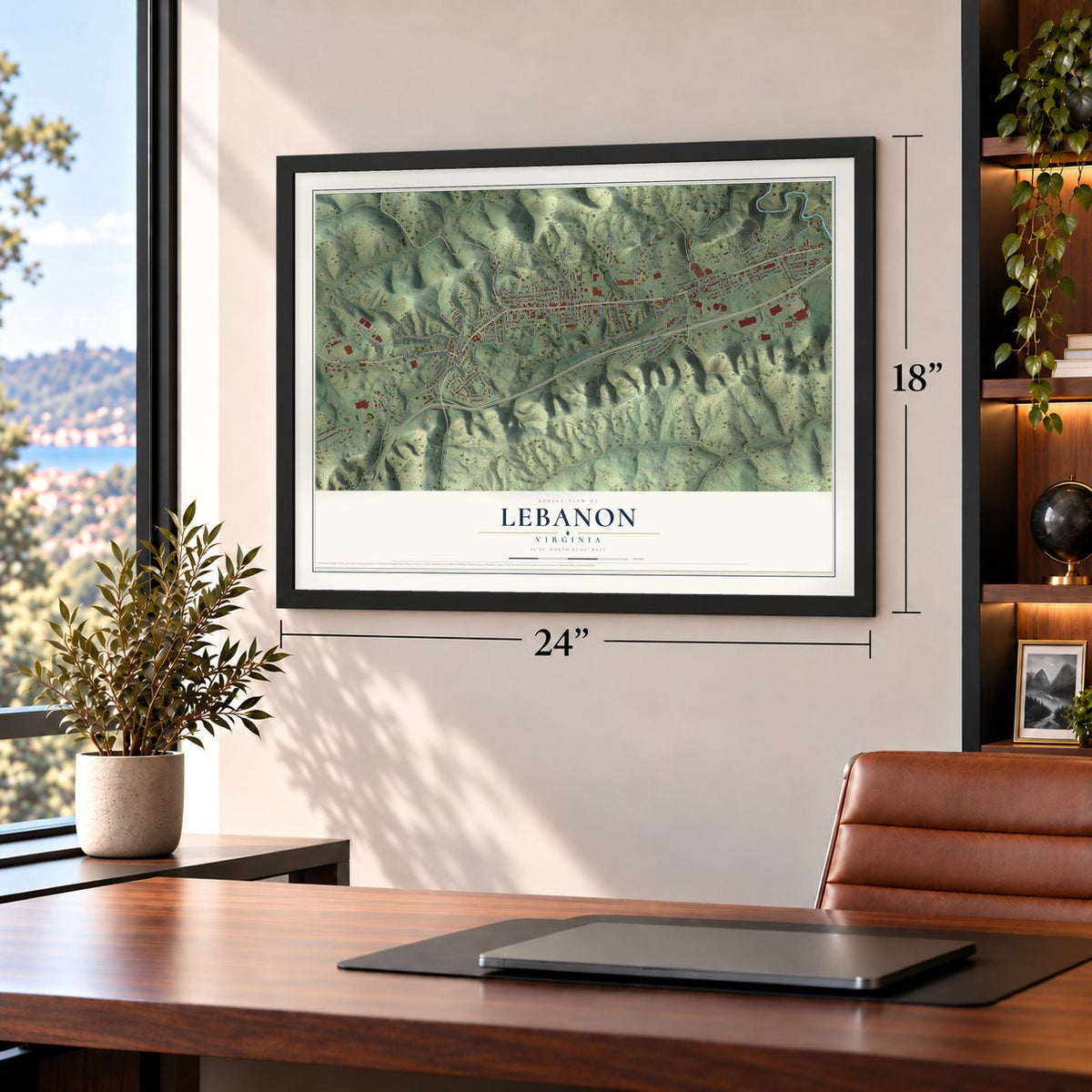 Lebanon, Virginia map, 18 x 24 inch print in a black frame in a home office