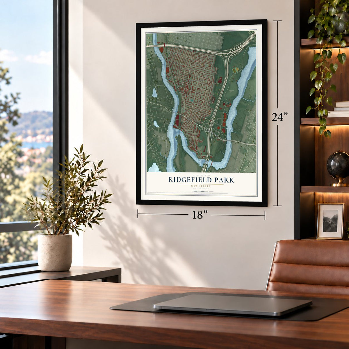 Ridgefield Park, New Jersey map, 18 x 24 inch print in a black frame in a home office