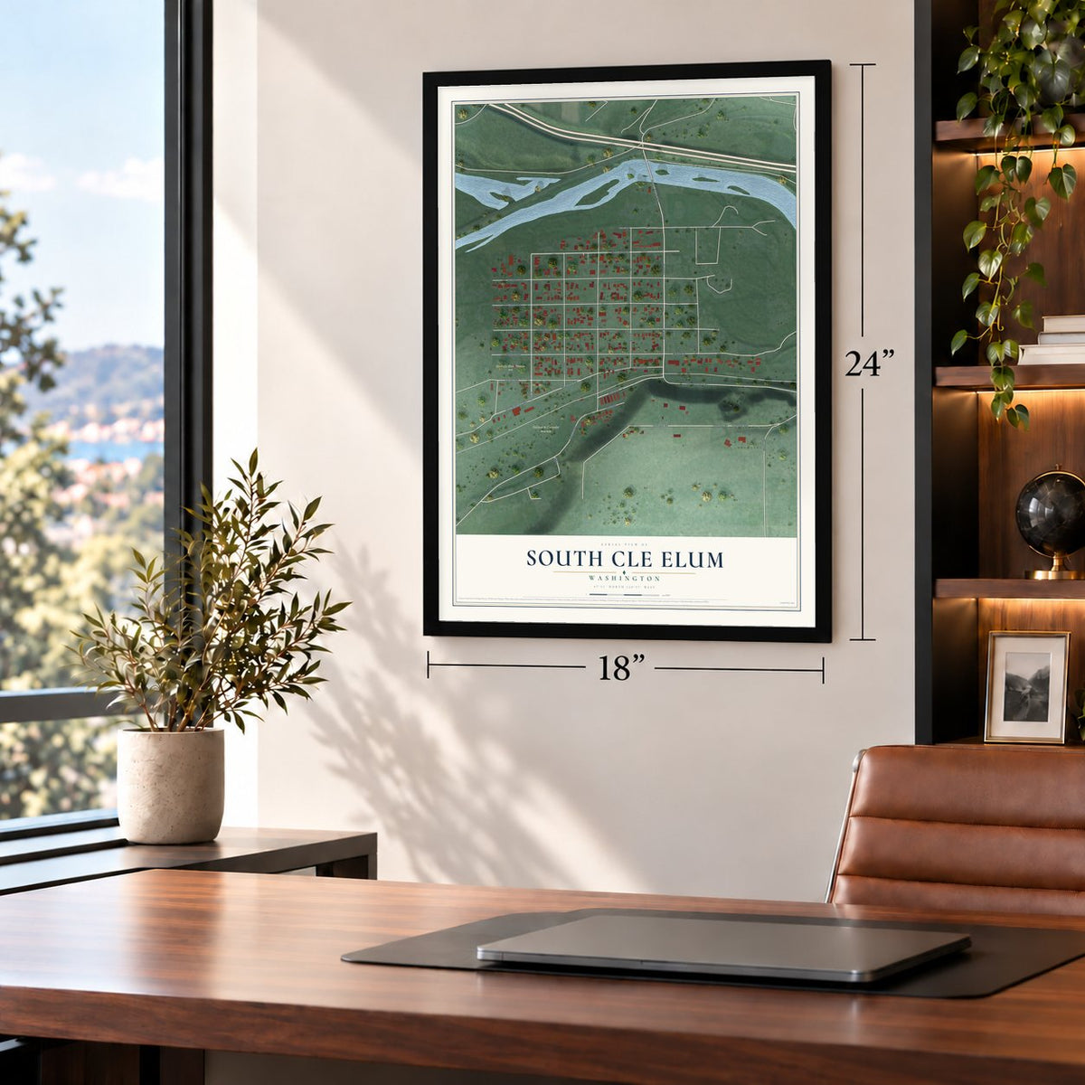 South Cle Elum, Washington map, 18 x 24 inch print in a black frame in a home office