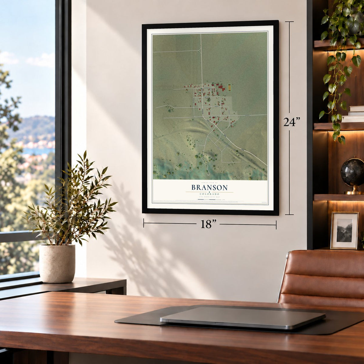 Branson, Colorado map, 18 x 24 inch print in a black frame in a home office