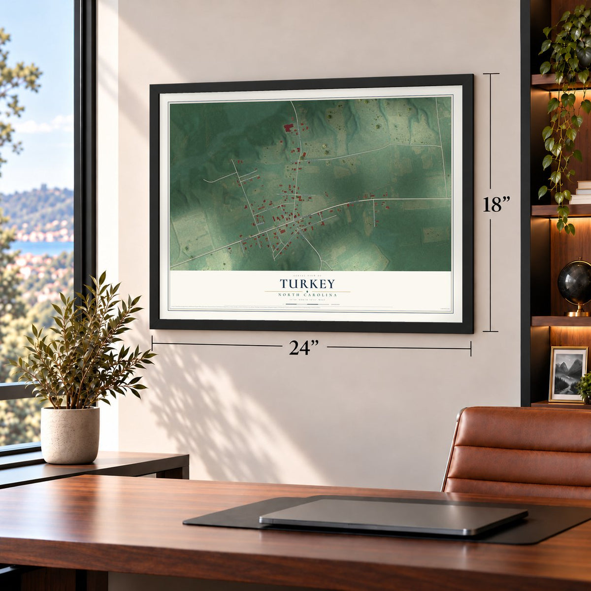 Turkey, North Carolina map, 18 x 24 inch print in a black frame in a home office