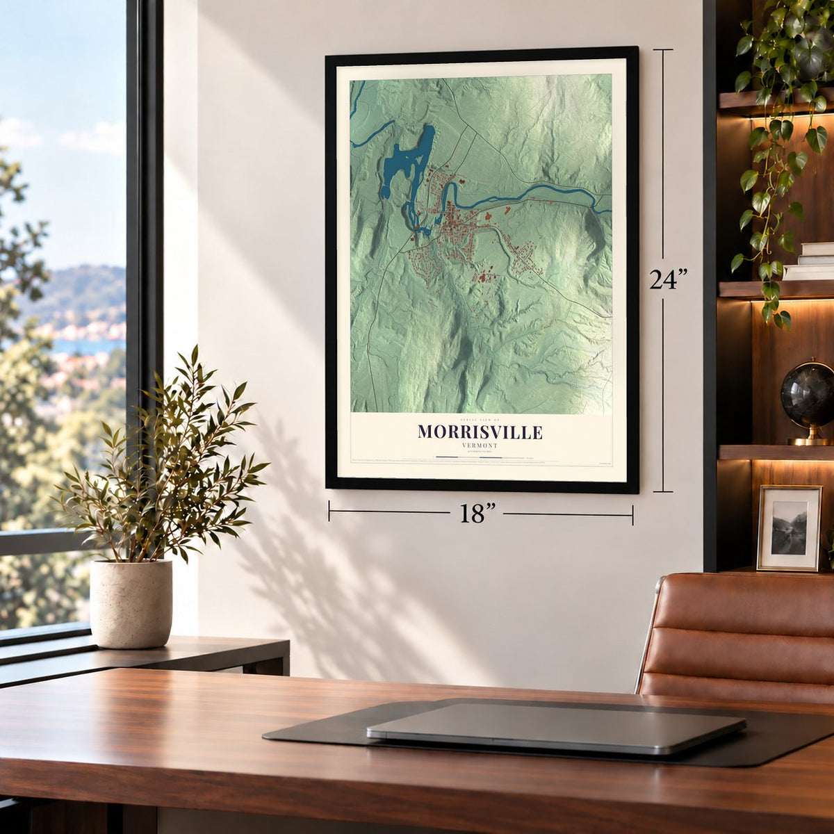 Morrisville, Vermont map, 18 x 24 inch print in a black frame in a home office