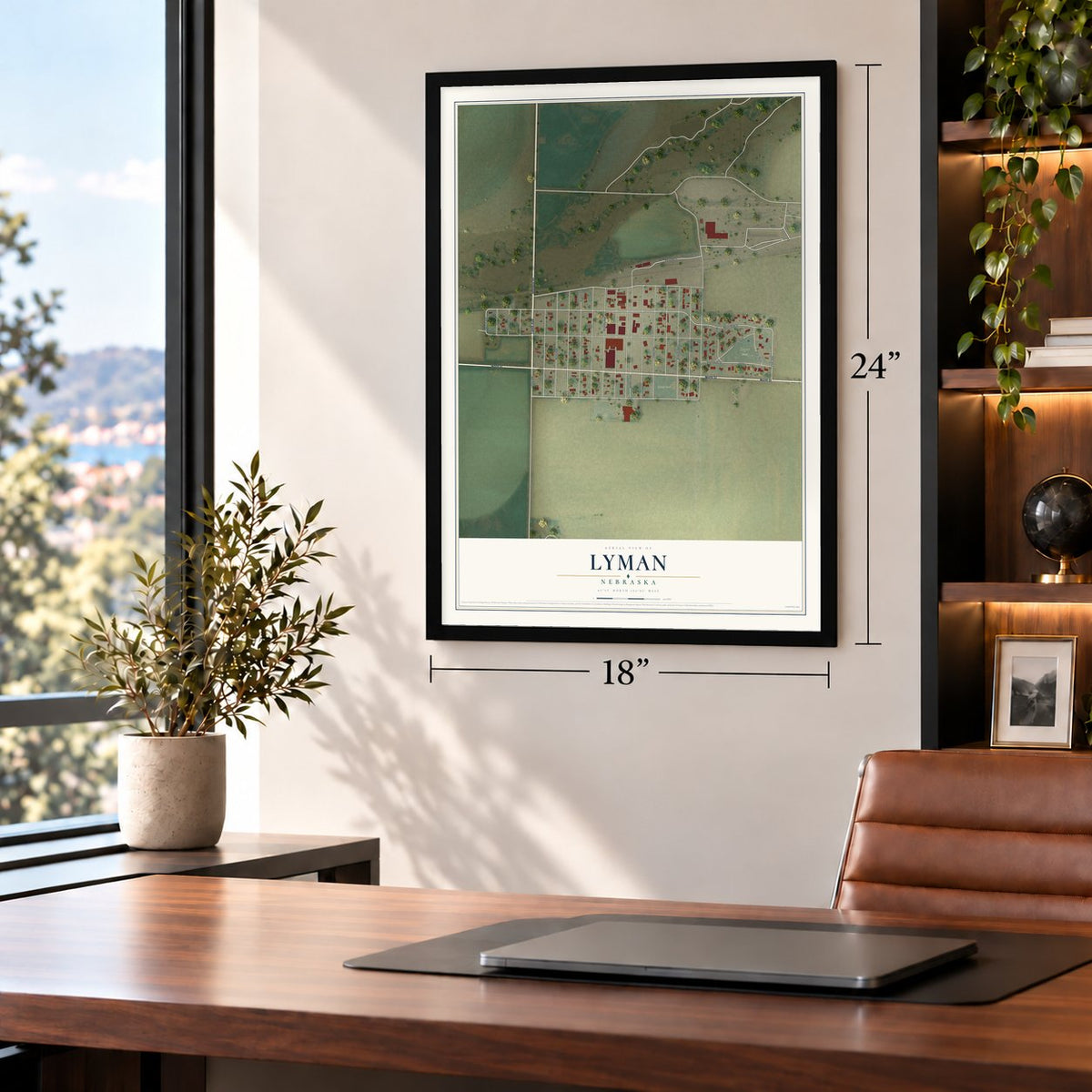 Lyman, Nebraska map, 18 x 24 inch print in a black frame in a home office