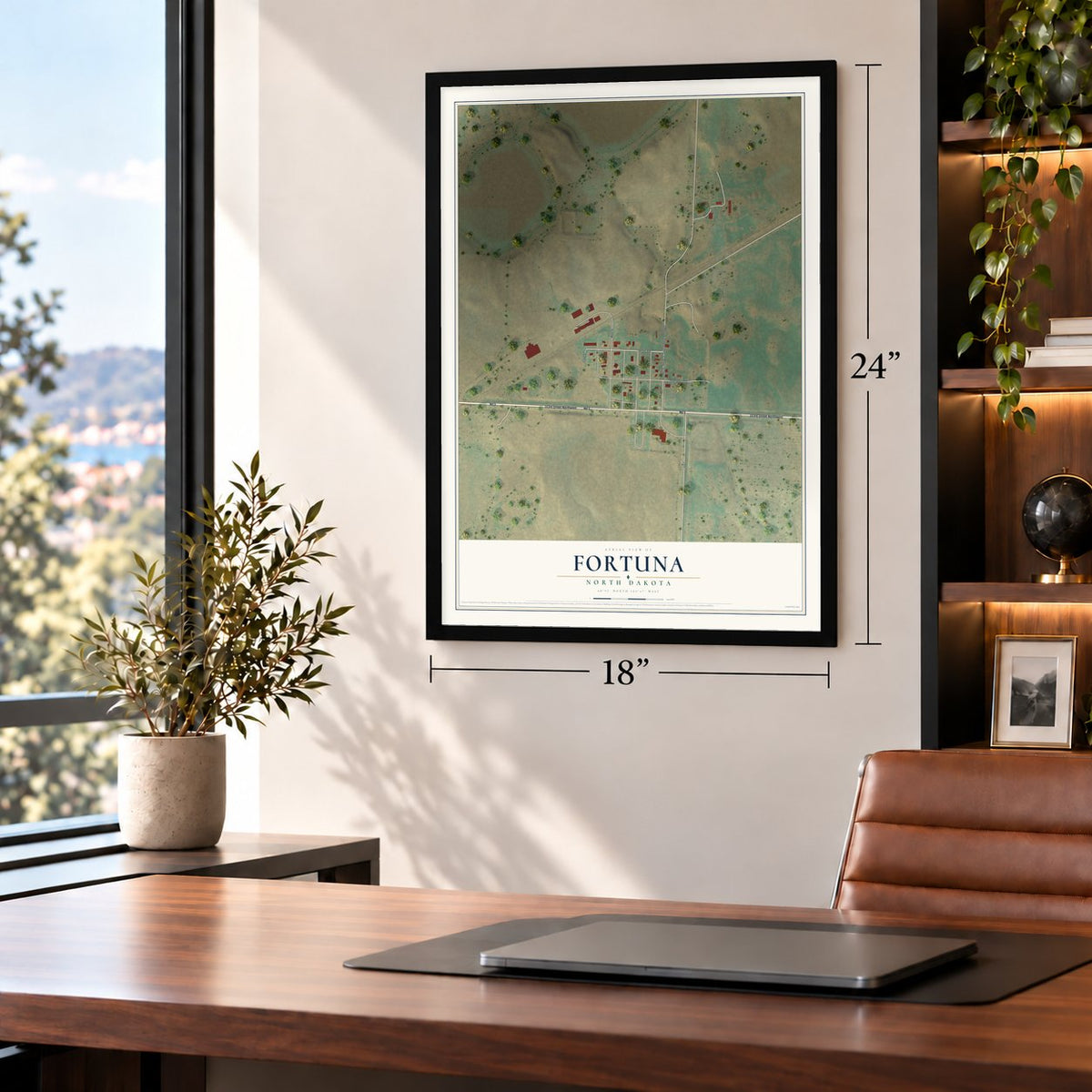 Fortuna, North Dakota map, 18 x 24 inch print in a black frame in a home office
