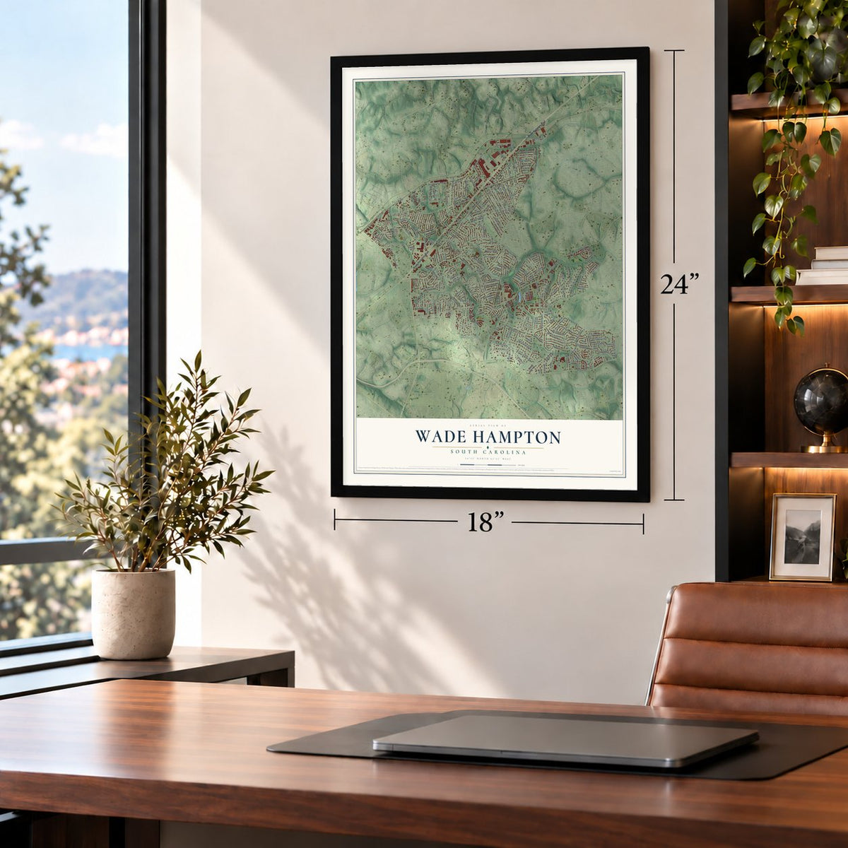 Wade Hampton, South Carolina map, 18 x 24 inch print in a black frame in a home office