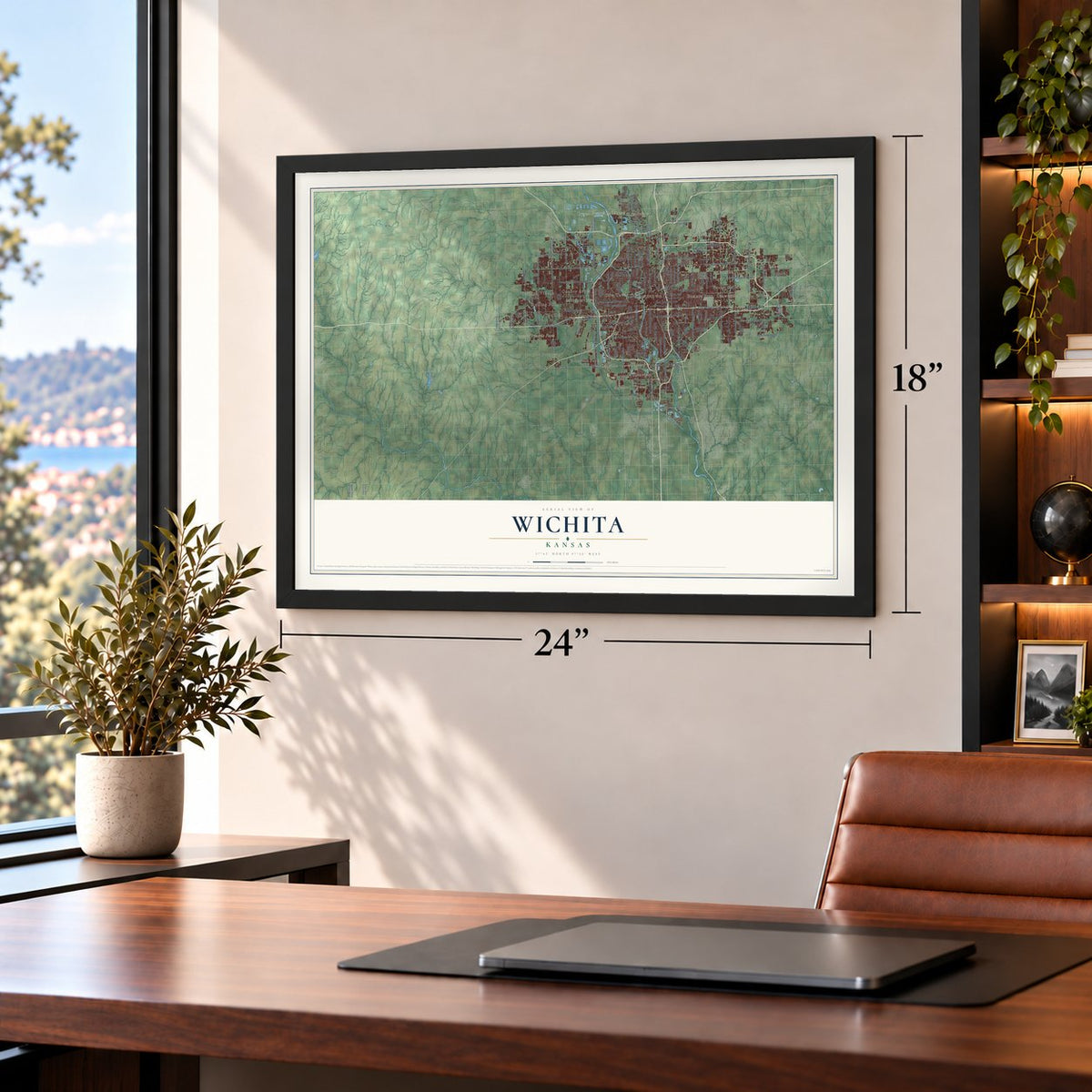 Wichita, Kansas map, 18 x 24 inch print in a black frame in a home office
