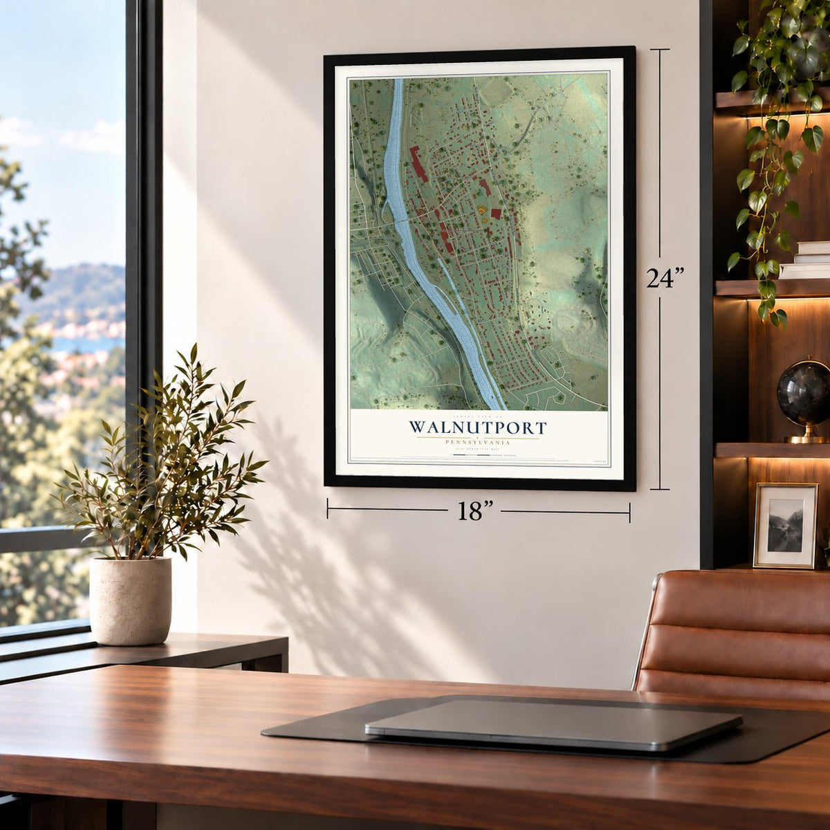 Walnutport, Pennsylvania map, 18 x 24 inch print in a black frame in a home office