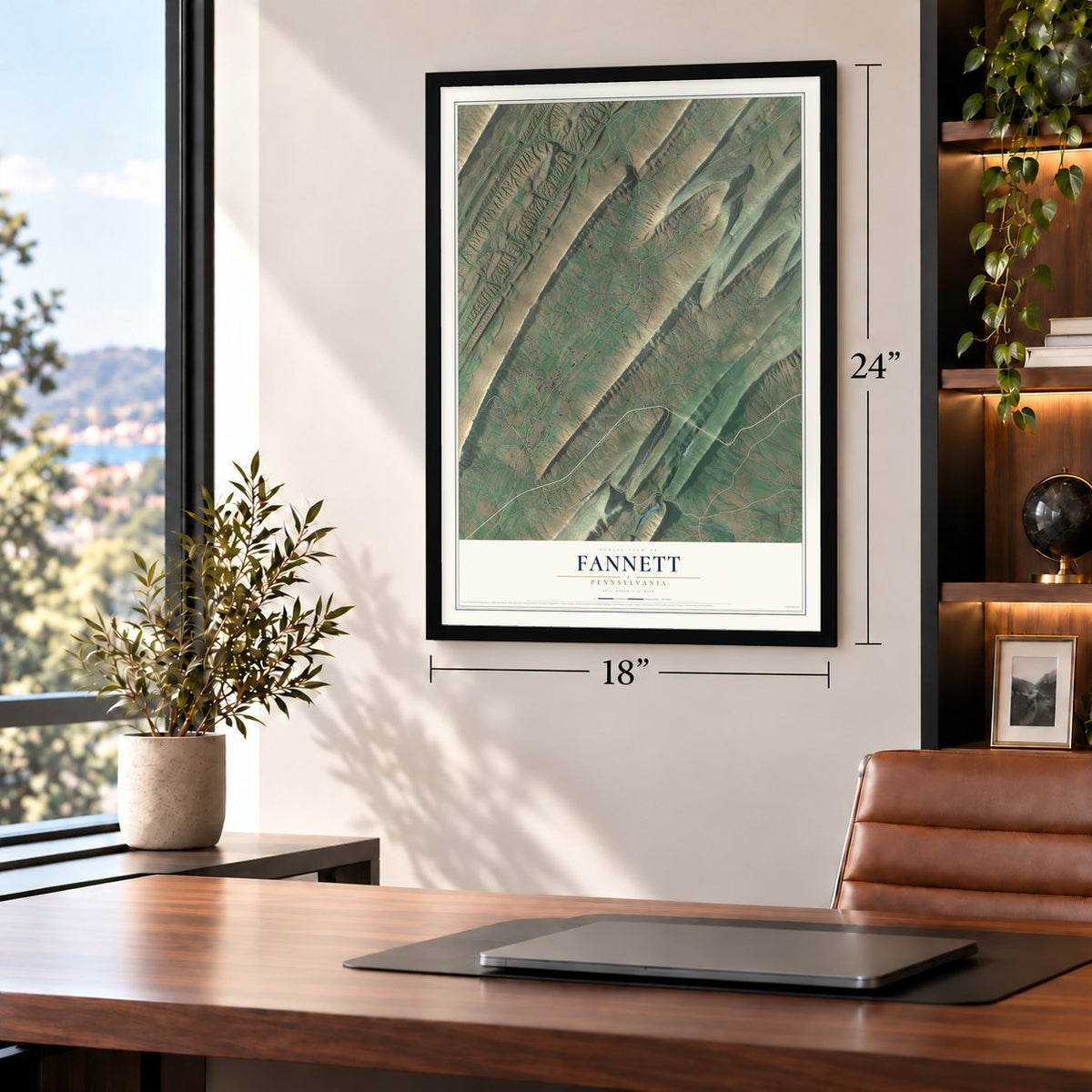 Fannett, Pennsylvania map, 18 x 24 inch print in a black frame in a home office