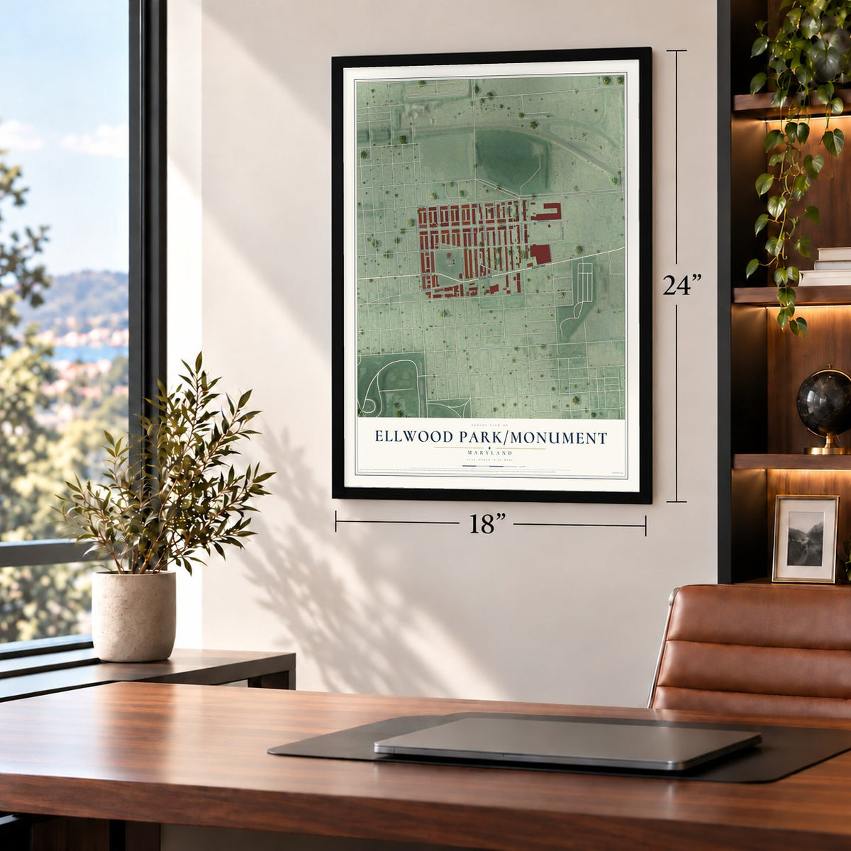 Ellwood Park-Monument, Maryland map, 18 x 24 inch print in a black frame in a home office