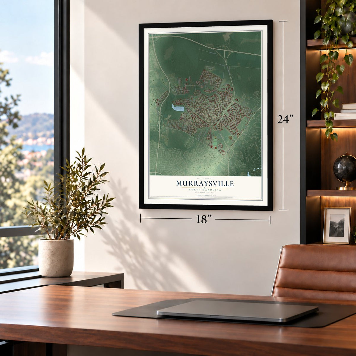 Murraysville, North Carolina map, 18 x 24 inch print in a black frame in a home office