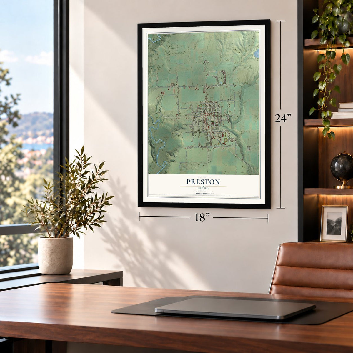 Preston, Idaho map, 18 x 24 inch print in a black frame in a home office