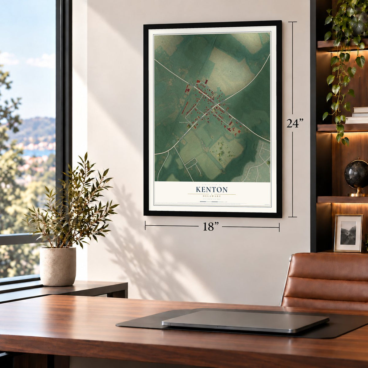 Kenton, Delaware map, 18 x 24 inch print in a black frame in a home office