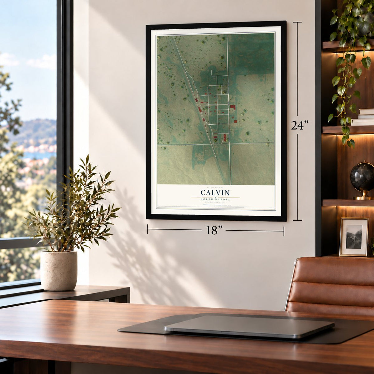 Calvin, North Dakota map, 18 x 24 inch print in a black frame in a home office