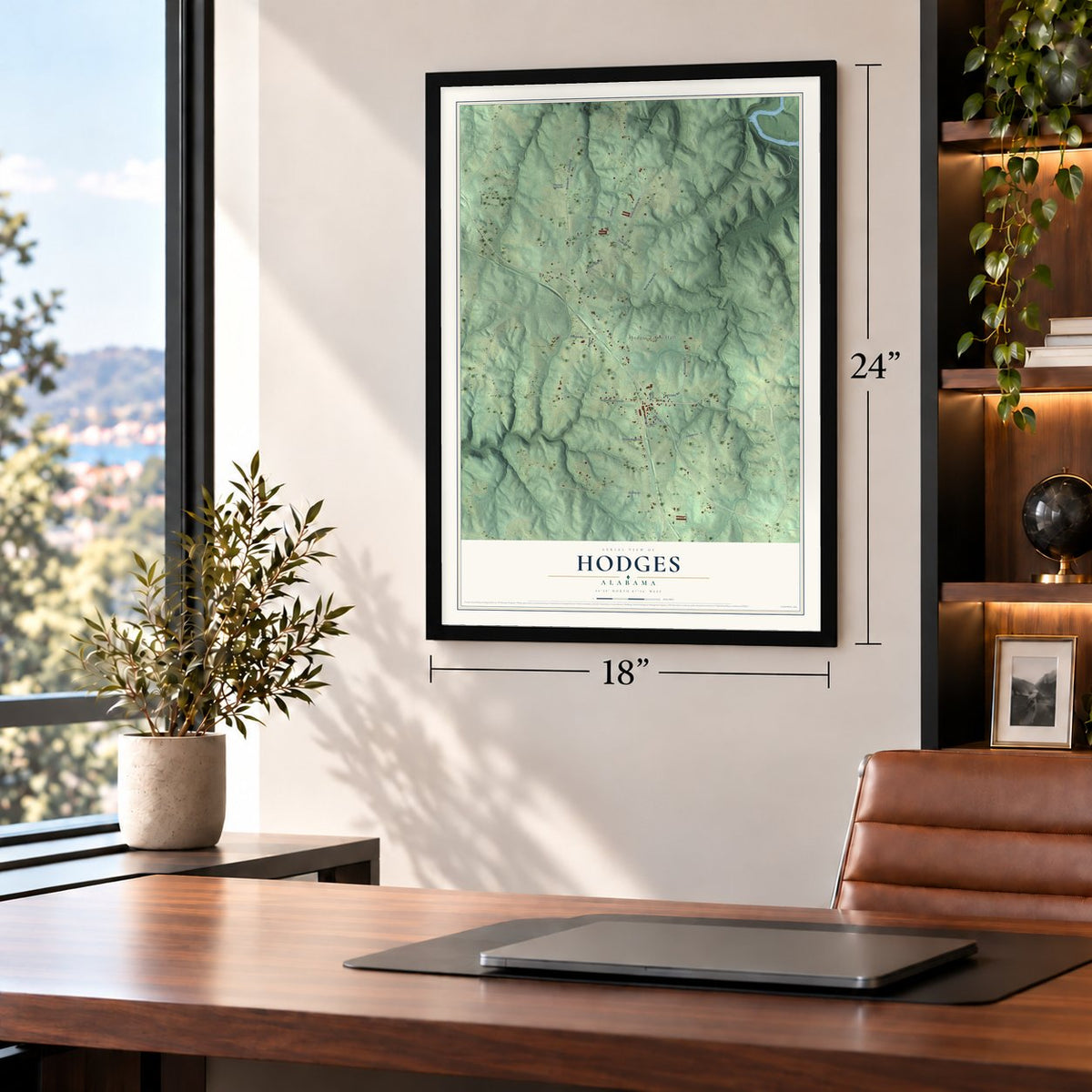 Hodges, Alabama map, 18 x 24 inch print in a black frame in a home office