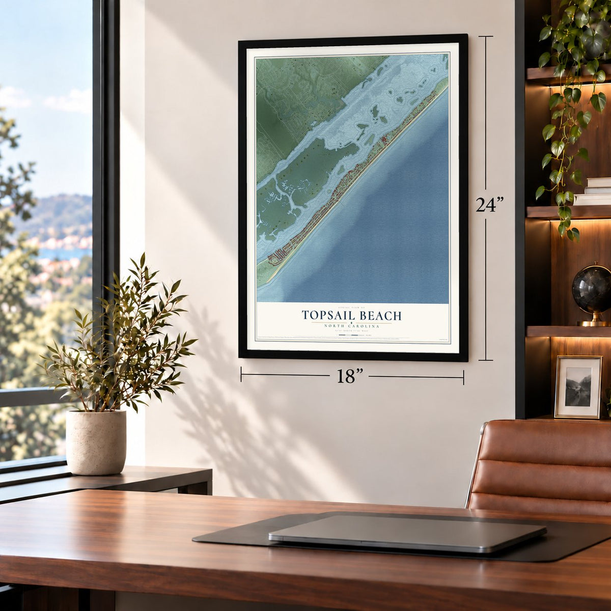 Topsail Beach, North Carolina map, 18 x 24 inch print in a black frame in a home office
