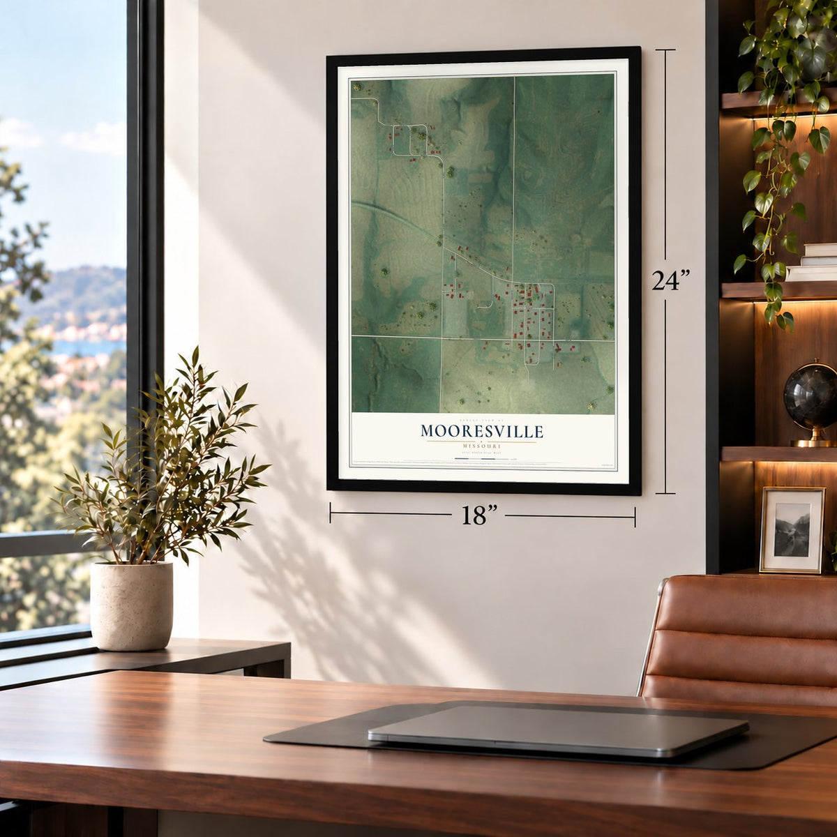 Mooresville, Missouri map, 18 x 24 inch print in a black frame in a home office