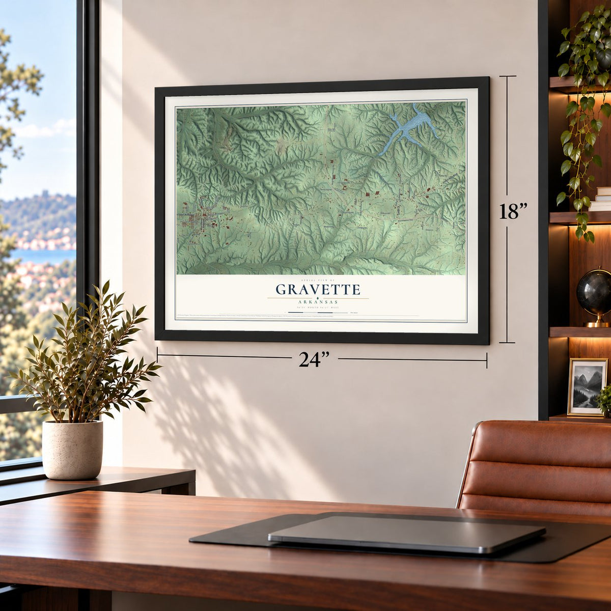 Gravette, Arkansas map, 18 x 24 inch print in a black frame in a home office