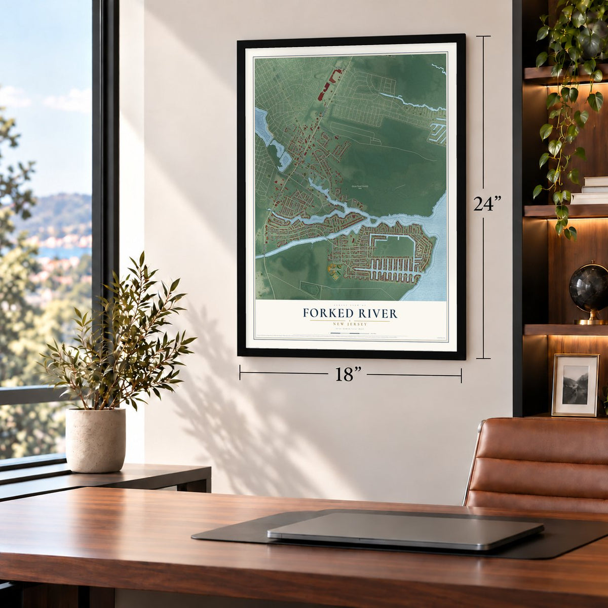 Forked River, New Jersey map, 18 x 24 inch print in a black frame in a home office