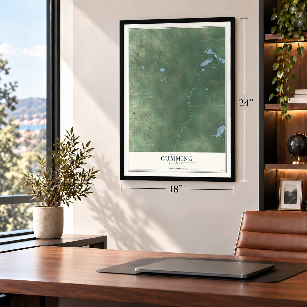 Cumming, Michigan map, 18 x 24 inch print in a black frame in a home office