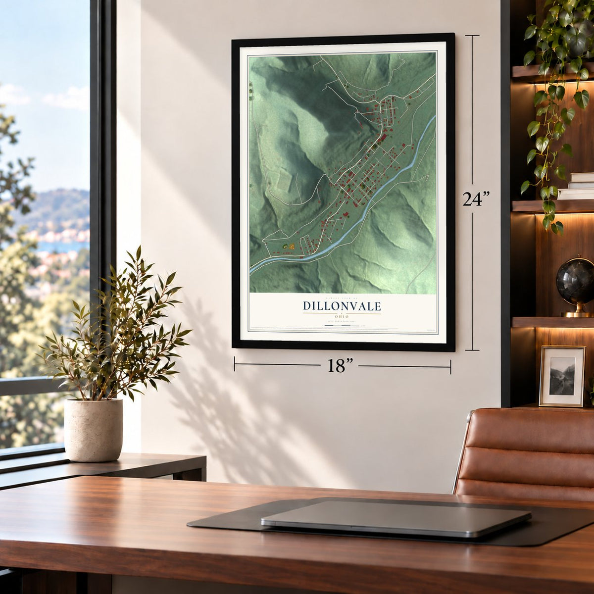 Dillonvale, Ohio map, 18 x 24 inch print in a black frame in a home office